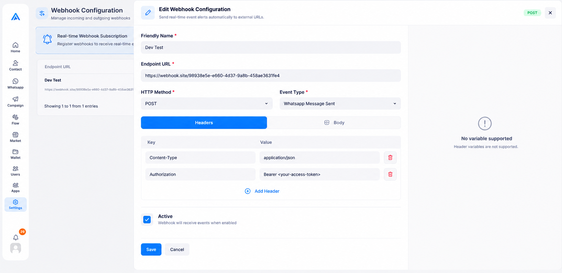 Webhook Headers Screenshot
