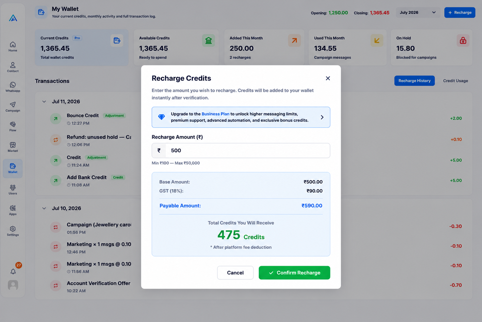Recharge Credits Modal