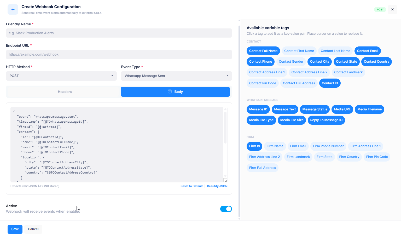 Webhook UI Message Sent