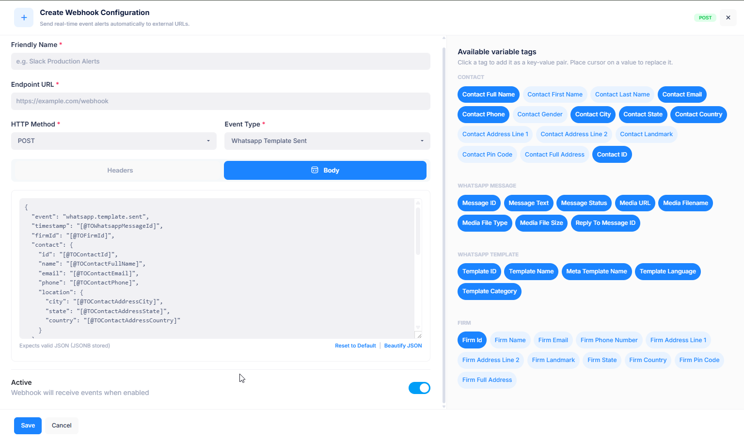 Webhook UI Template Sent