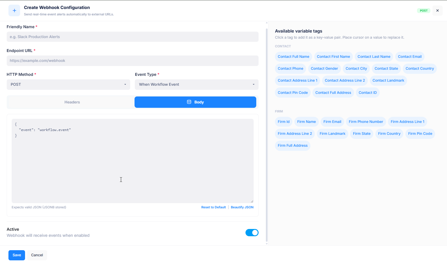 Webhook UI Workflow Event